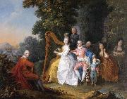 An elegant party in the countryside with a lady playing the harp and a gentleman playing the guitar